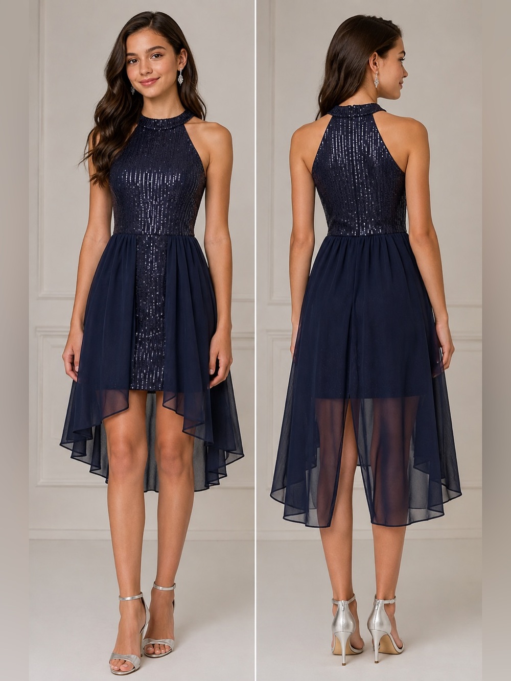 Grace Karin Girls Navy Blue Sequin Halter Chiffon High Low Party Dress 10Y NWOT